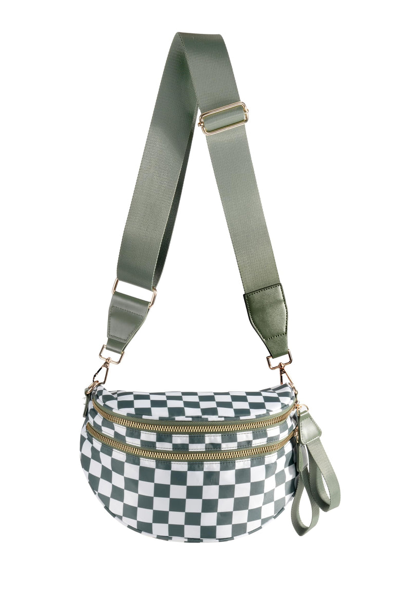 Spacious Checkered Nylon Crossbody Bag Bum Bag Checkered Handbags Wallets for Women (Beans green checkered)