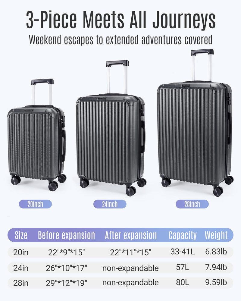 LIGHT FLIGHT Luggage Sets, Durable Hard Shell 3 Piece Set Suitcase with Spinner Wheels, Hardside Lightweight Luggage set with TSA Lock, Large Travel Luggage Set (20" 24" 28"), Glacier Gray