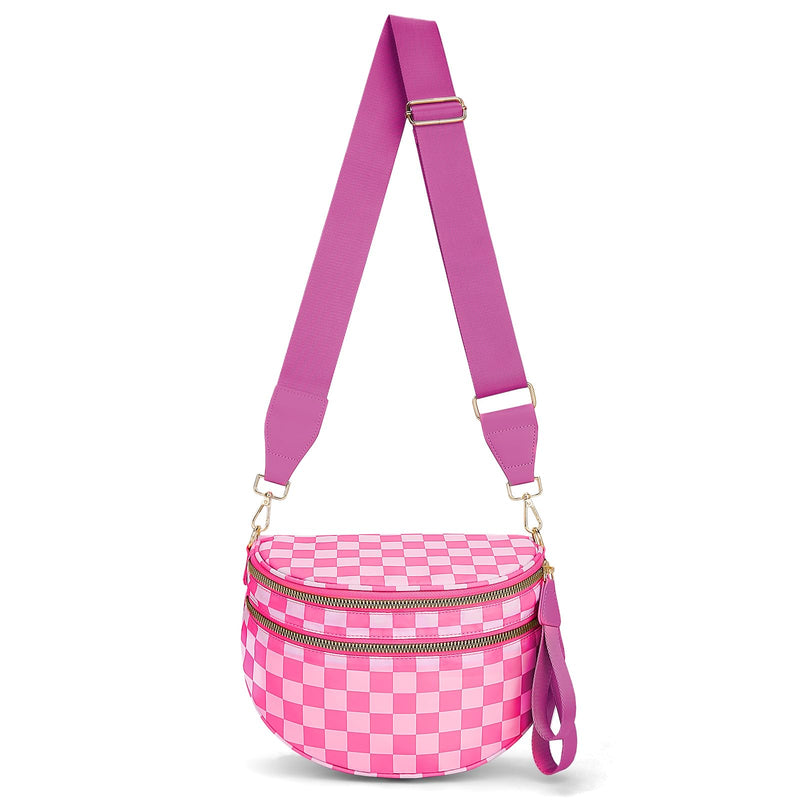 Lushandy Bum Bag Women's Checkered Crossbody Bag Nylon Cross Body Bags Plaid Mom Everyday Purse for Travel (Checkered Pink)