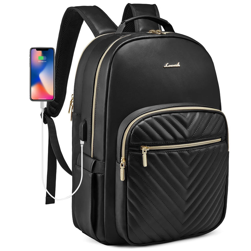 LOVEVOOK Laptop Backpack Purse for Women, Large Capacity Travel Computer Work Bag, Faux PU Leather Quilted Casual Nurse Backpack for Womens, Fit 15.6 Inch Laptop with USB Port, Black