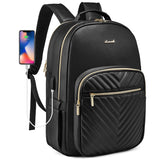 LOVEVOOK Laptop Backpack Purse for Women, Large Capacity Travel Computer Work Bag, Faux PU Leather Quilted Casual Nurse Backpack for Womens, Fit 15.6 Inch Laptop with USB Port, Black