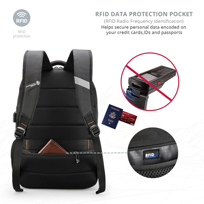 Swissdigital Design Travel Laptop Backpack, Laptops Backpack with USB Charging Port for Men Women Fits 16 Inch Notebook, Black | SD1670-01