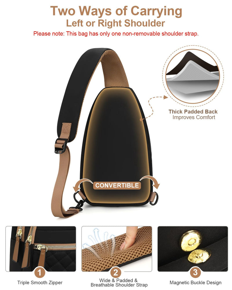 Capolo Sling Bag for Women Men Waterproof Crossbody Bags for Women Trendy Casual Fanny Pack with Convertible Shoulder Strap Chest Bag for Travel Hiking(Black, Medium)