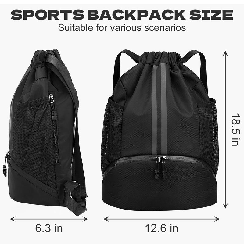 dulvus Sports Drawstring Gym Bag, Waterproof Drawstring Backpack with Side Mesh Pockets, Sport Bag with Shoes Compartment for Women Men - Black