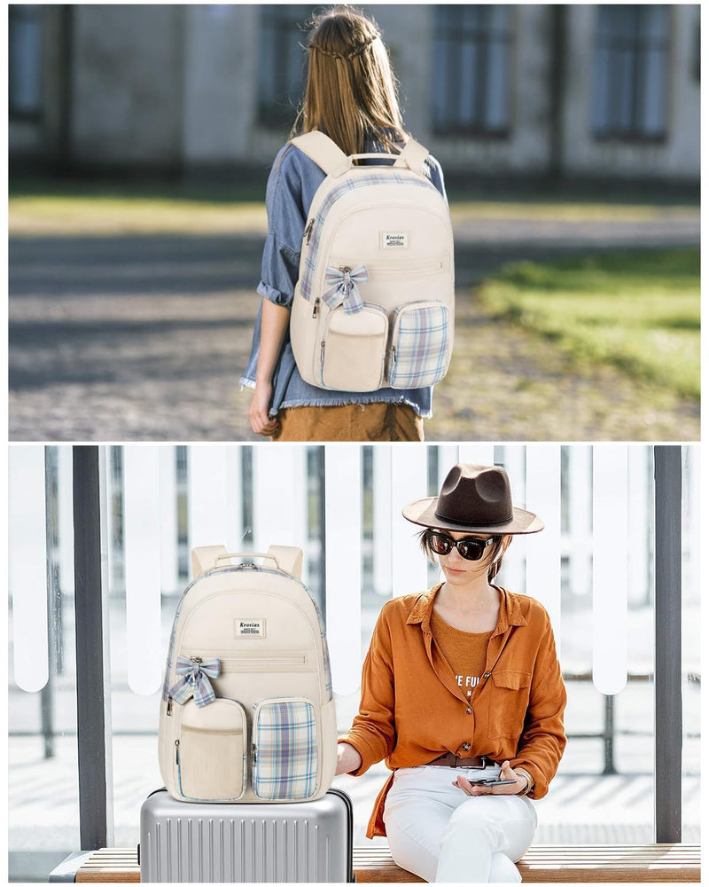 KROSIAS School Backpack for Girls, Cute Kawaii Plaid Kids Bookbag Large 15.6 Inch Laptop Bag for Middle High School College Backpacks for Women Students Teenager, Beige