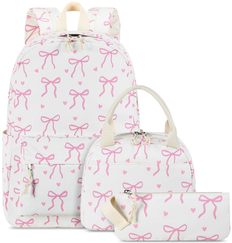 LOIDOU Girls School Backpack Set 3-in-1, Water-Resistant Bookbag with Lunch Bag & Pencil Case, Lightweight Kids Backpack for Elementary & Middle School, Cute Pink Bow Design Gifts for Teen Girls