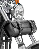 KEMIMOTO Motorcycle Tool Fork Bag PU Leather Universal Saddlebag for Front Fork Handlebar Sissybar Storage Pouch Motorcycle Roll Bag (Black Classic Buckle)