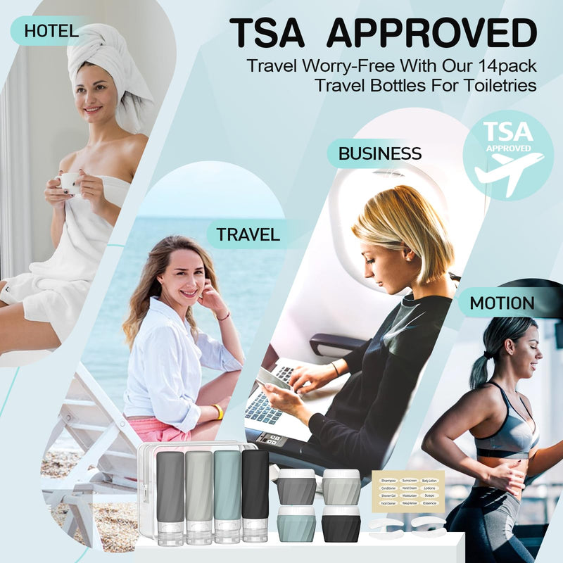 Silevoler 14pack Travel Bottles for Toiletries, TSA Approved Travel Size Toiletries Containers Set, Premium Silicone Leak Proof Refillable Squeezable & Creams jars Accessories Kit W/Clear Bag (Gray)