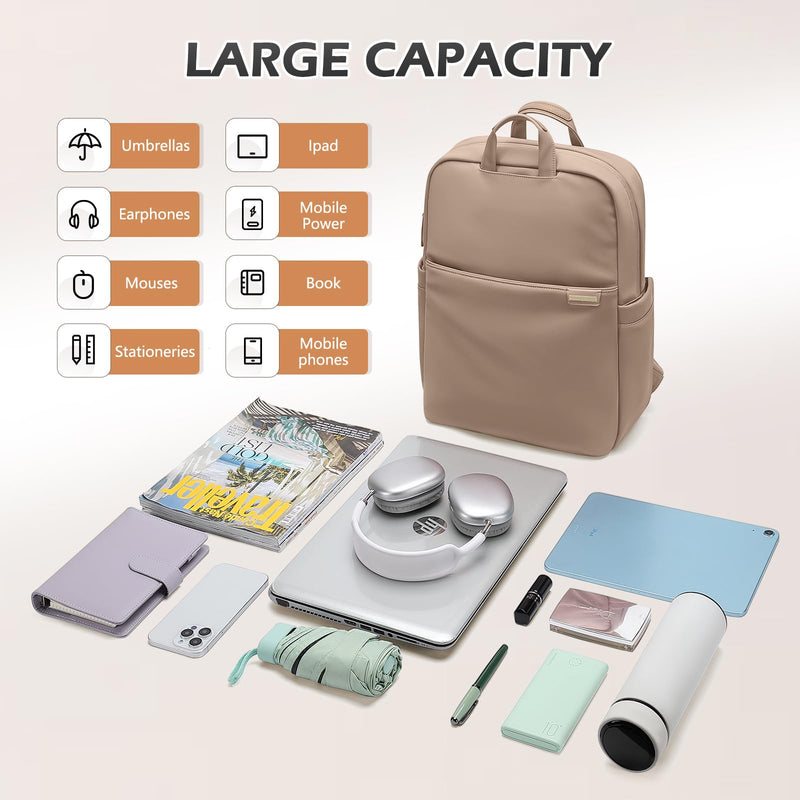 GOLF QUALITY Slim Laptop Backpack for Women, Lightweight Business Backpack for Women Computer Bag Purse for Commuting, Fit 17.3 Inch, Champagne Brown