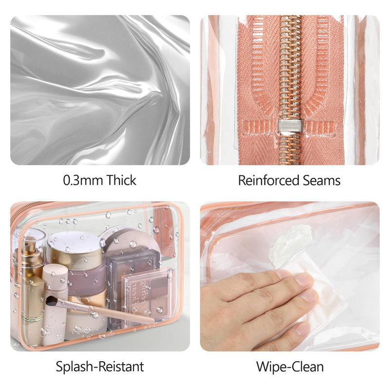 PACKISM TSA Approved Toiletry Bag - Clear Makeup Bag 3 Pack Medium, Quart Size Bag for 3-1-1 Liquids with Metal Smooth Zipper, Travel Makeup Bag for Women Men, Airport Airline Compliant Bag, Rose Pink