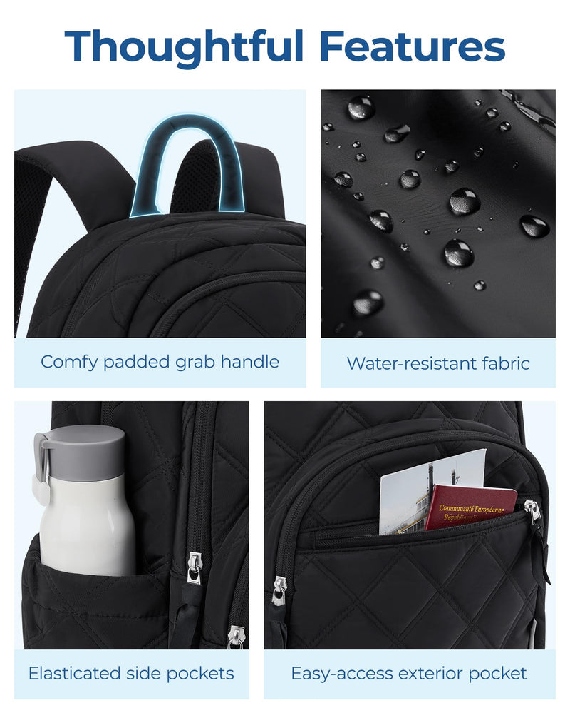 BAGSMART Travel Laptop Backpack, College Backpack for Women, Quilted Small Computer Bookbag, Water-Resistant 15.6 Inch Laptop Casual Bag, Black