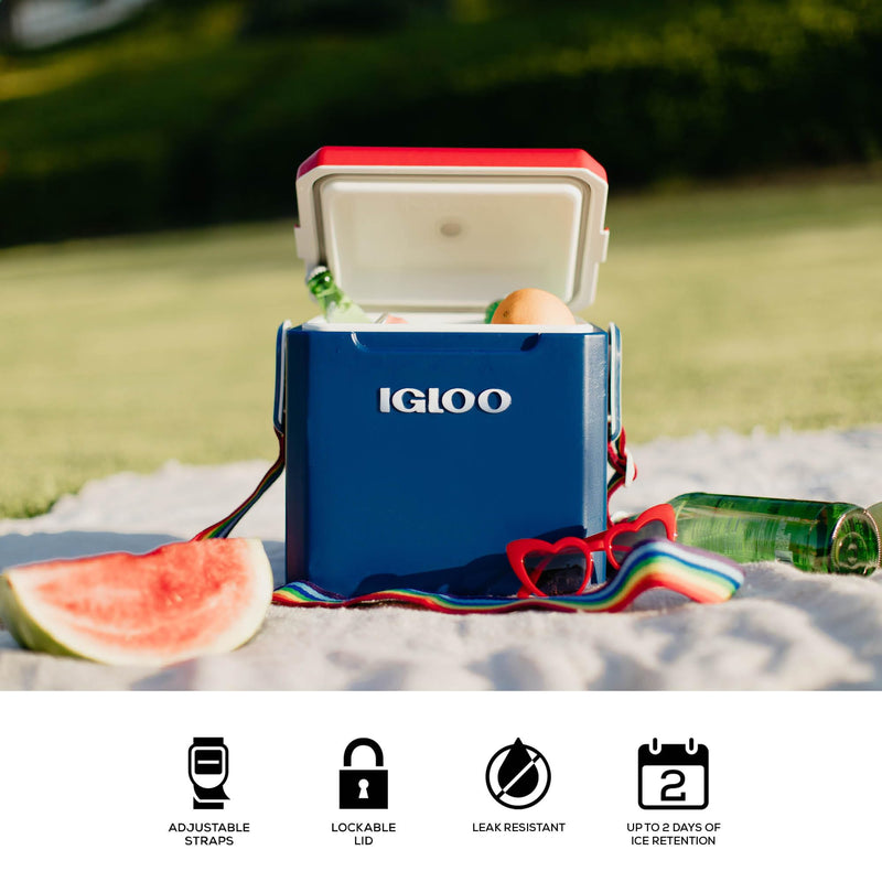 Igloo 11 Quart Tag-Along-Too Tailgating Cooler w/ 2-Day Ice Retention, Navy w/Rainbow Strap, 25 Qt