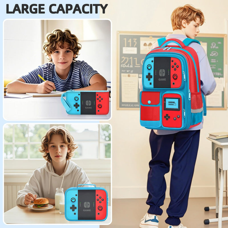 JIRAIKEI School Backpack for Boys,3pcs Gamer Boys Backpack with Lunch Box Set for Kids Teens Elementary Middle School Students Ages 6-18,17" Large Capacity School Bookbag with Multiple Pockets