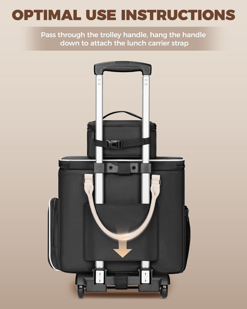 Ytonet Rolling Laptop Bag with Insulated Lunch Box, 15.6 In Rolling Briefcase for Women with Large Cup Holder, Detachable Trolley Roller Underseat Bags for Work, Office, Teacher, Travel, Black Beige