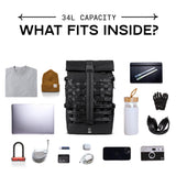 Chrome Industries Barrage 34L Black Reflective Roll-Top Backpack – Water Resistant Bag for Work, School, Travel – Features Cargo Net & Laptop Pocket