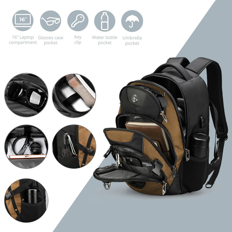 Swissdigital Design Laptop Backpack, Travel Backpack with USB Charging Port Fits 15.6 inches Computer, 31L College School Bookbag for Men,Tan/Black | SD803-34