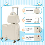 TABU Ride-on Luggage with Portable Bag for Kids，Hardshell Carry On Suitcase with Hidden Cup Holder, Foldable Pedal,Type-C & USB Interface, TSA Lock, 6-Spinner Wheels, White