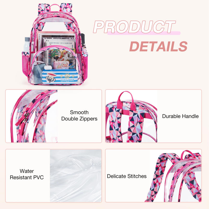 LIGHT FLIGHT Large Clear Backpack with Reinforced Padded Straps Heavy Duty PVC Transparent Backpack See Through Bookbags for Work, Travel, Pink