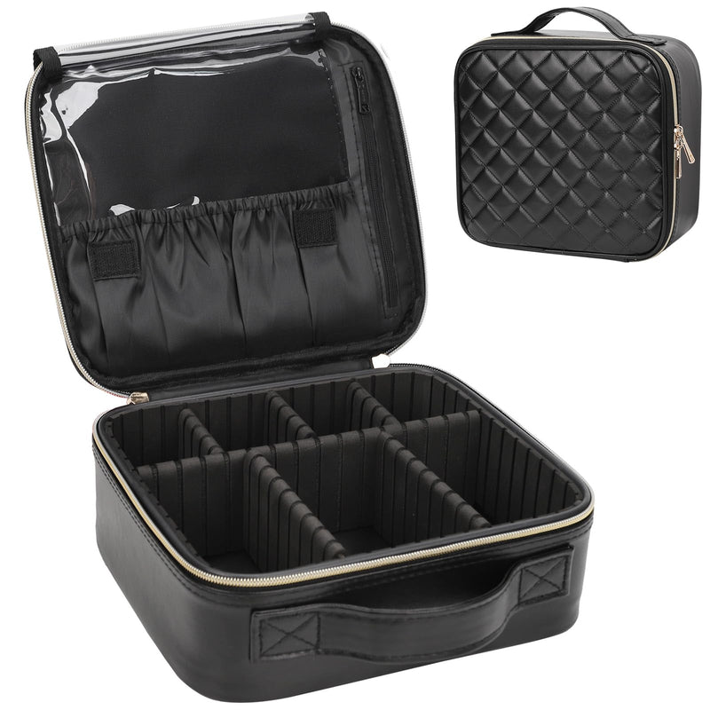 Relavel Makeup Bag, Travel Cosmetic Train Case Organizer Portable Artist Storage Bag with Adjustable Dividers for Cosmetics Makeup Brushes Toiletry Jewelry Digital Accessories Quilted Leather Black