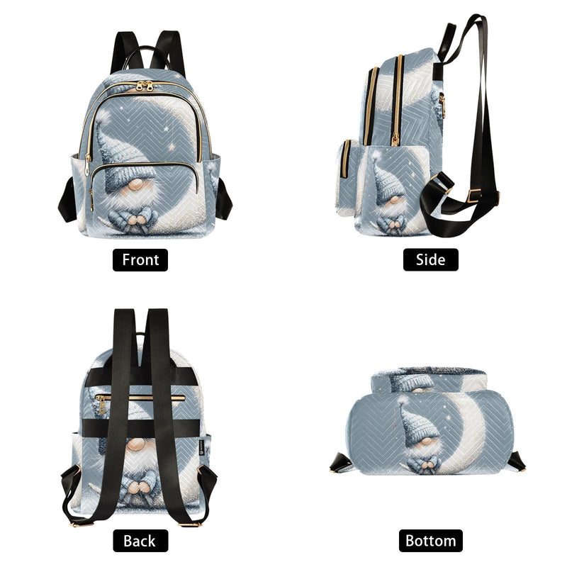 WOIWB Women's Backpack Cute Gnome Moon Print for Travel Commute, Cloth Shoulder Bag Double Zipper Size S