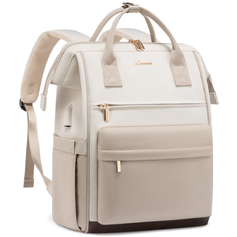 LOVEOVOOK 15.6 Inch Laptop Backpack for Women, Large Capacity Travel Backpack with USB Charging Port, Waterproof Work Backpack for Business, College, Nursing & Airline Travel,Nude White