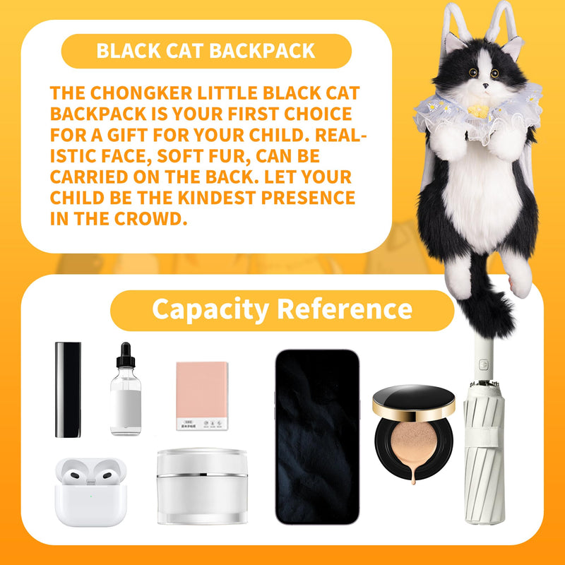 Chongker Stuffed Realistic Cat Plush Backpack, Soft Cat Shaped Backpack with Detachable Straps, Cute Purse Enough Room to Hold Keys, Wallet & Cosmetics, Ideal Gift for Girls,Black