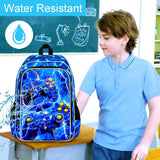 FTJCF 17" Gamer Backpack, Boys Lightning Kids Bookbag with Lunch Box, 3Pcs School Backpacks for Elementary Preschool Kindergarten (Blue)
