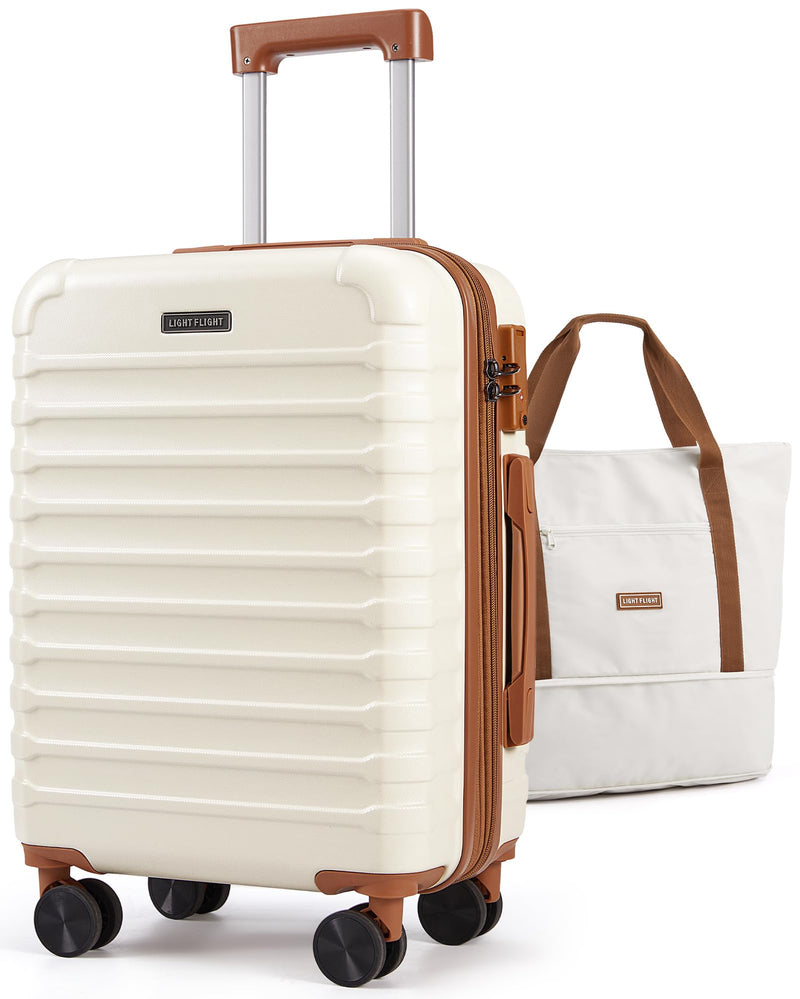 LIGHT FLIGHT Luggage Sets, Carry On Luggage 22x14x9 Airline Approved, Carry On Travel Bag Suitcases with Wheels, Expandable Hardside Lightweight Rolling with TSA Lock 2-Piece Set (DB/20),Beige