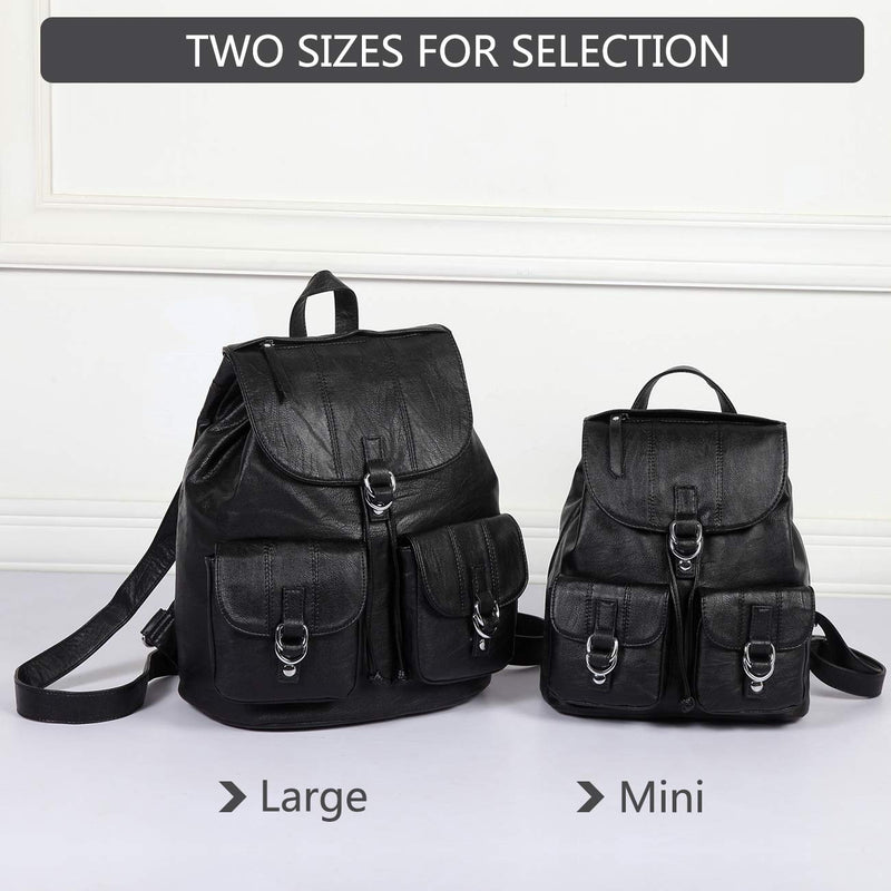 VASCHY Mini Backpack Purse for Women, Fashion Faux Leather Buckle Flap Drawstring Backpack for College with Two Front Pockets Black