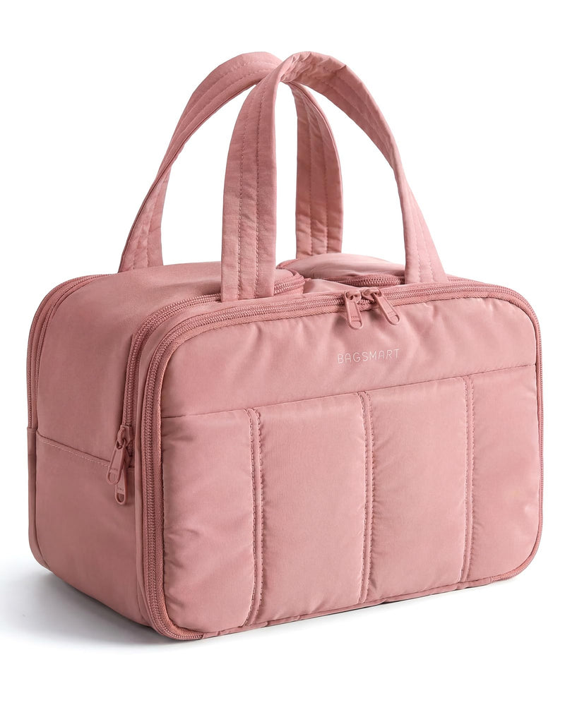 BAGSMART Travel Toiletry Bag, Puffy Large Toiletry Bag for Women, Lightweight Cosmetic Makeup Bag Organizer with Handle for Traveling, Accessories, Essentials, Toiletries （Dark Pink