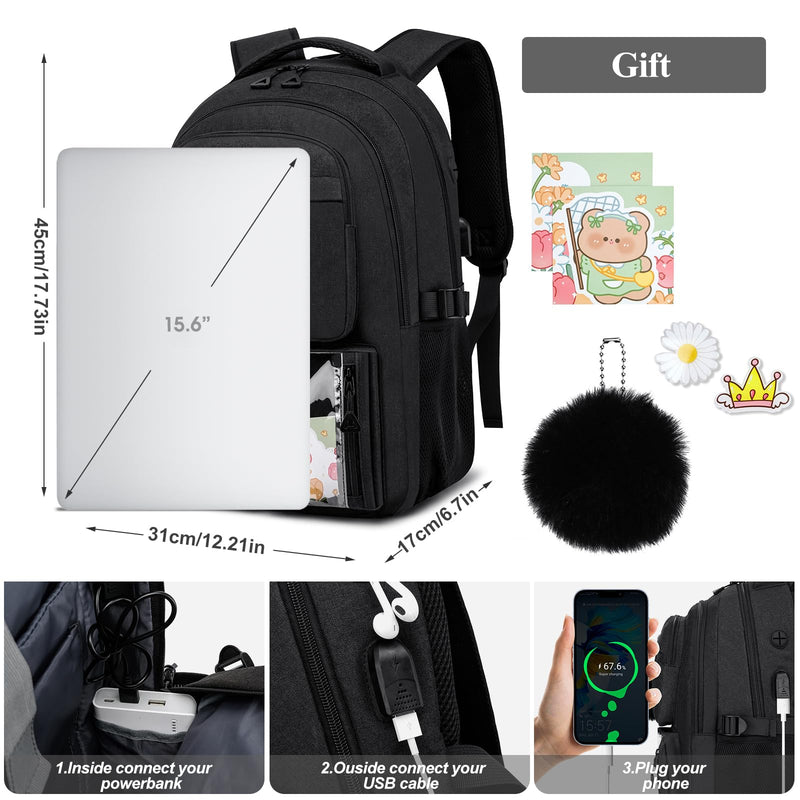 kadilong School Backpacks for Teen Girls Bookbag for Middle School College Students, Cute Backpacks for Women 15.6 Inch Laptop Bag Back Pack School Bag Anti Theft (Black)