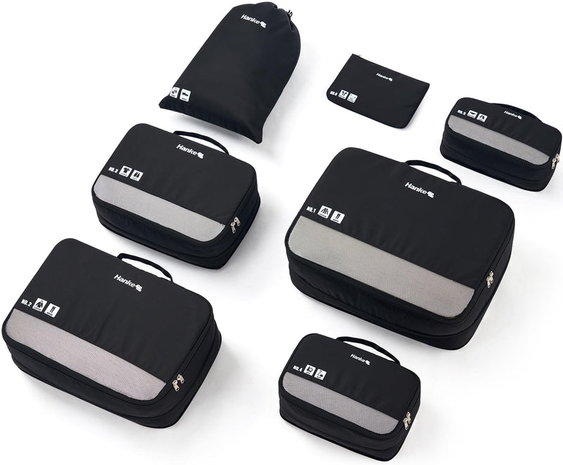 Hanke 7 Set Compression Packing Cubes for Travel, Expandable Large Packing Cubes for Suitcases and Backpack, Luggage Packing Organizer Bags with Double Zipper as Travel Essentials,Black