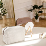 GFU Cosmetic Bags for Women, Seersucker Cosmetic Bag, Travel Toiletry Stripe Makeup Bag, Large Women Aesthetic Organizer Storage Pouch, Girls Handbags Purses, brown