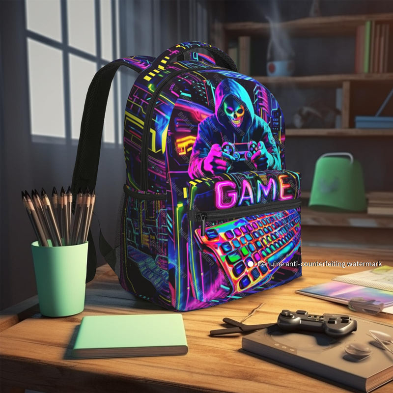 School Backpack for Boys Video Game Backpack for Kids Skull Gaming Print Boys Backpacks School Bag Lightweight Waterproof Adjustable Kids Backpacks Students Bookbag for Children Teens Ages 6-18