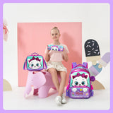 Meetbelify Kids School Backpacks for Girls Cute Cat Backpack with Lunch Bag for Elmentary Students Kids Travel Bookbag for Girls Age 6-12 Purple