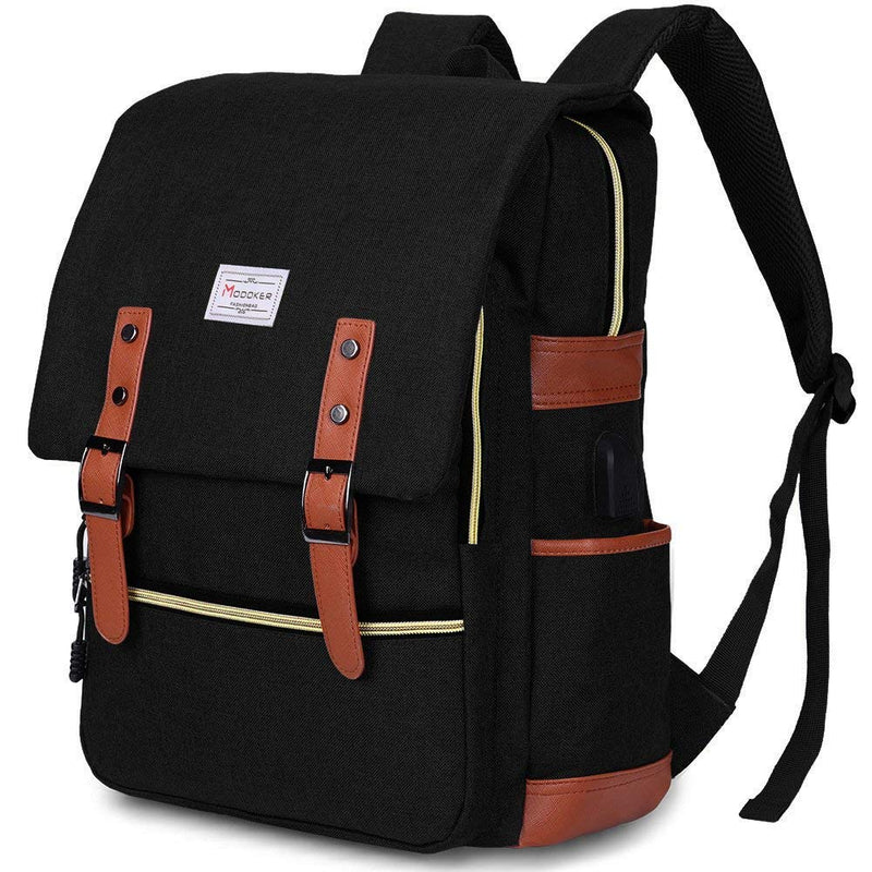 Modoker Eco-Friendly Vintage Laptop Backpack for Women Men,Travel Backpacks with USB Charging Port Fashion Backpack Fits 15.6Inch Notebook, Black