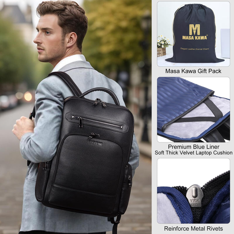 Masa Kawa Black Leather Business Travel Laptop Backpack for Men Fits 15.6" 16" Computer Office Work Commuting Executive Bag Waterproof Daypack