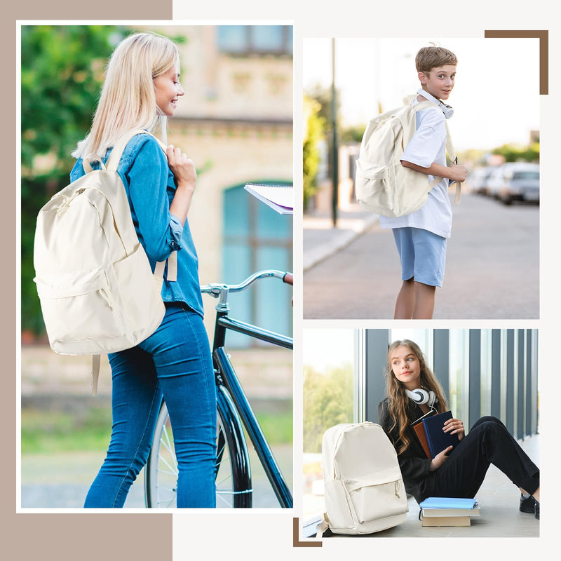 Cunno School Backpack for Teen Girls Boys Kids Cute Nylon Bookbag Waterproof Preppy Backpack Travel Laptop Bag for Students(Cream White,Simple Style)