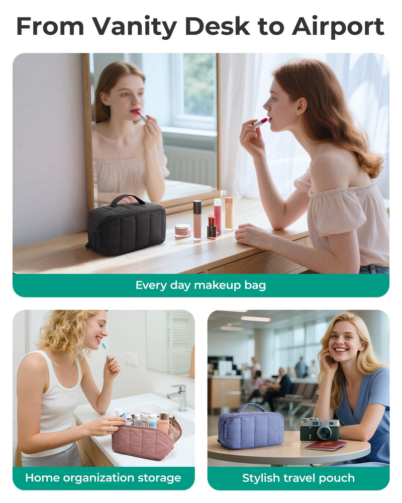 BAGSMART Travel Makeup Bag for Women, Portable Water-resistant Cosmetic Case, Puffy Padded Make Up Organizer Pouch, Open Flat Toiletry Bag for Toiletries, Brushes, Brown