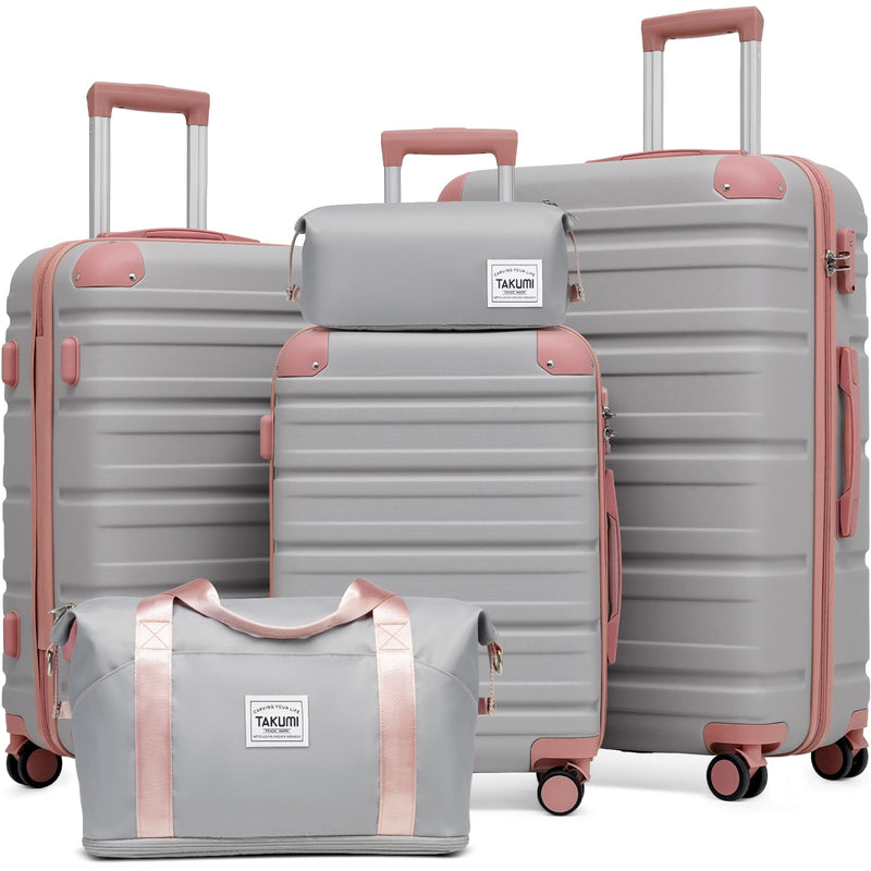 TAKUMI Luggage Sets 5 Piece Lightweight Carry On luggage with Duffel Bag ABS+PC Hardshell Suitcases with YKK zippers Double Spinner Wheels Travel Luggage with TSA Lock(GREY PINK, 5 PIECE SET)
