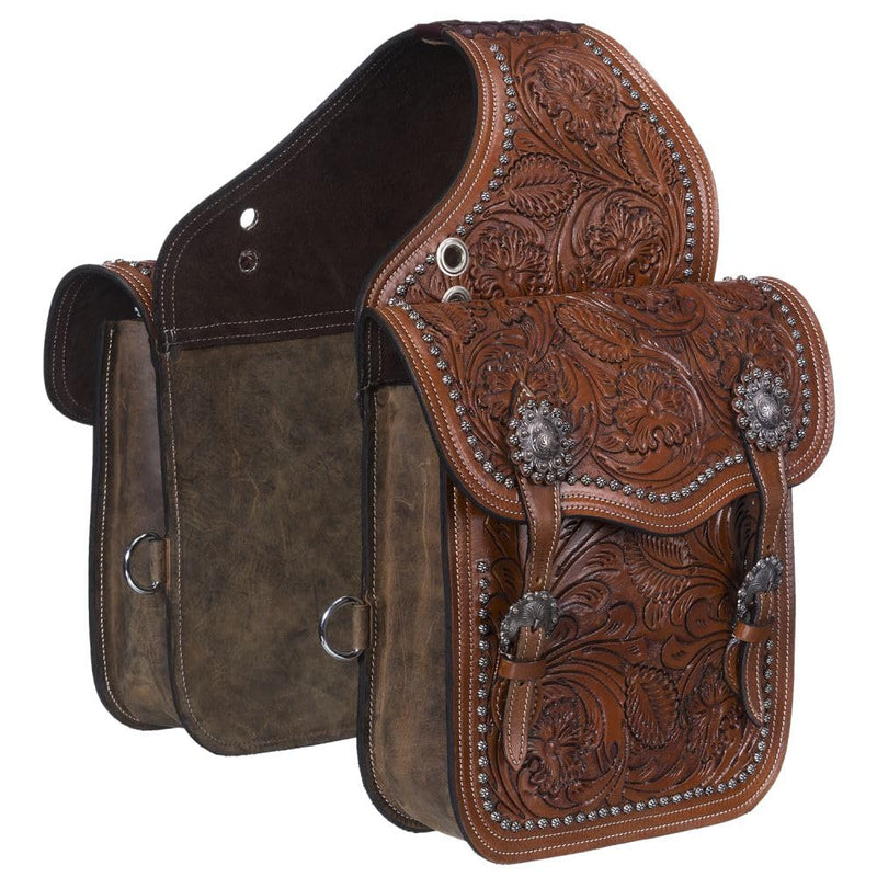 Tough 1 Oak Leaf Tooled Saddle Bag Brown