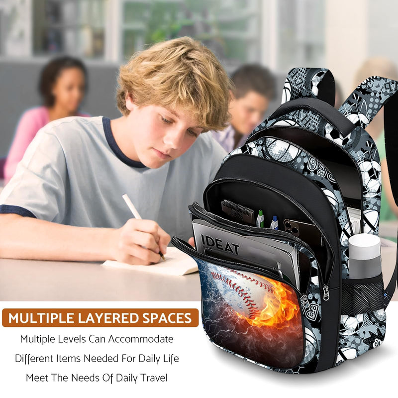 Fitvc School Backpack for Boys - Baseball Boys Backpack for Kids Children Teens Elementary Middle School - 17″ Sport Bookbag Travel Back Pack for Age 6-18