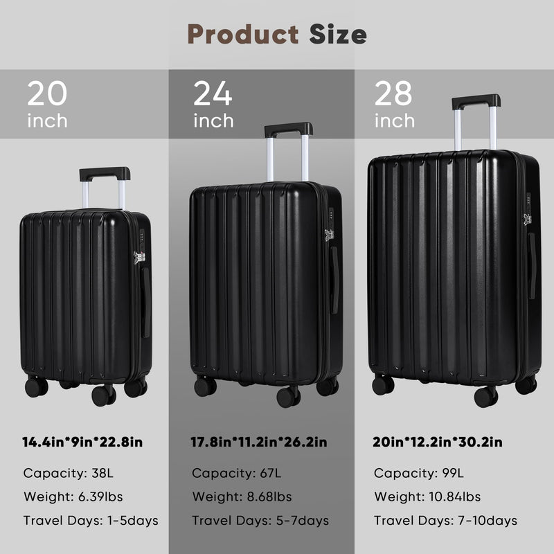 SHOWKOO Luggage Sets 3 Piece 100% PC Ultra Tough Hardside Expandable Suitcases Sets with TSA Lock Double Spinner Wheels (20in/24in/28in, Black