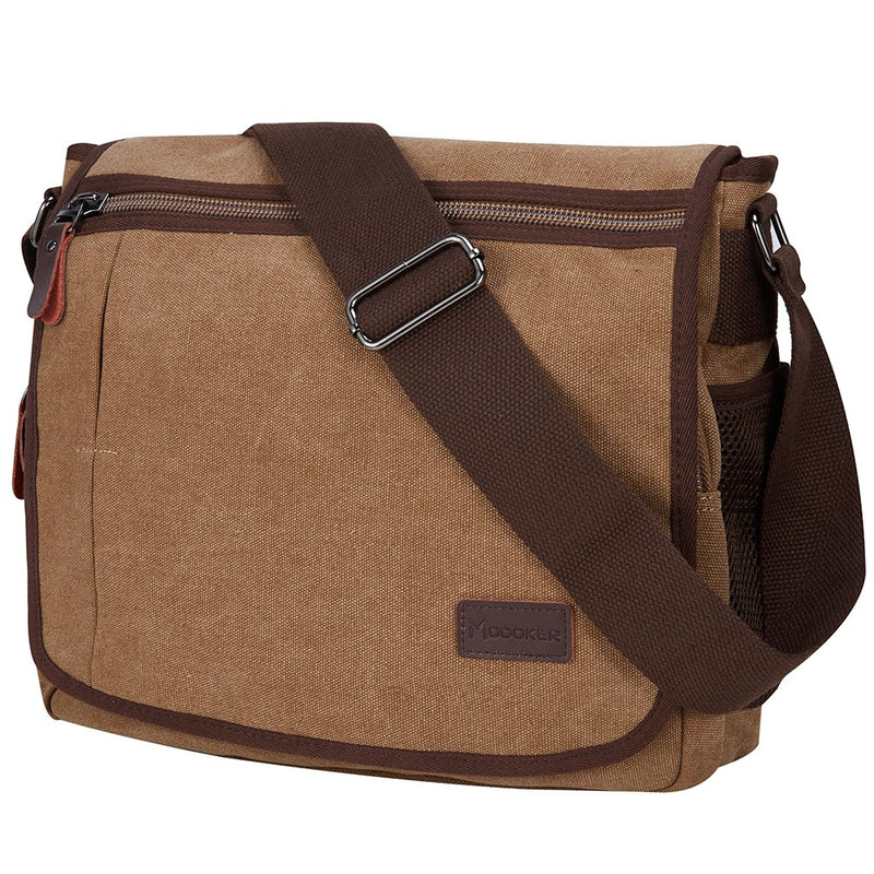 Modoker Messenger Bag for Men, 13 Inches Laptop Satchel Bags, Canvas Shoulder Bag with Bottle Pocket, Brown