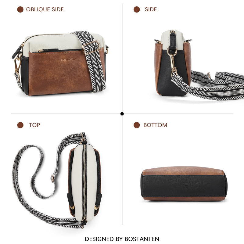 BOSTANTEN Small Crossbody Purse for Women Triple Zip Cell Phone Leather Shoulder Handbag with Wide Guitar Strap Brown with Black