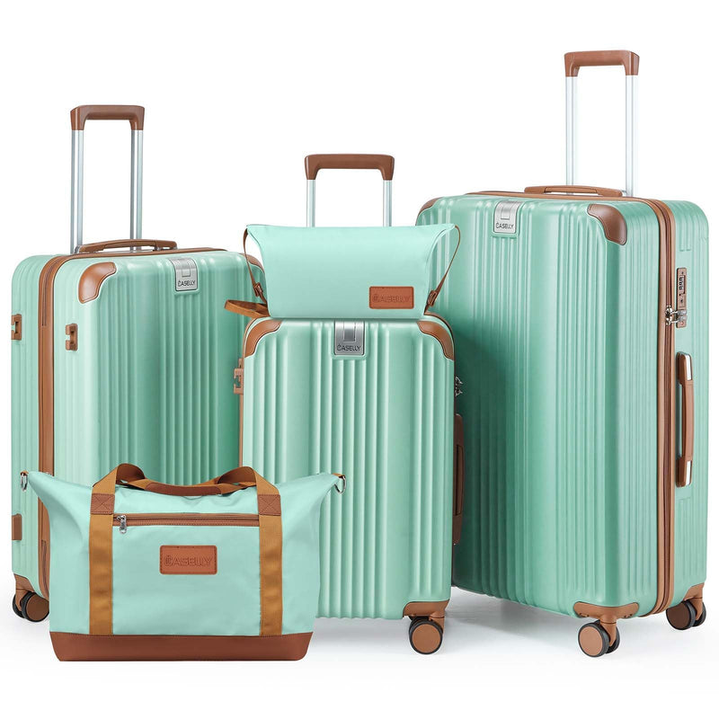 CASELLY Luggage Set 3 Piece with Cup Holder,Hardshell TSA Lock Spinner Wheels Carry on Lightweight Suitcase，Hook and YKK Zippers for Valentine Gifts (Green, 5 piece sets(20/24/28/DB/TB))