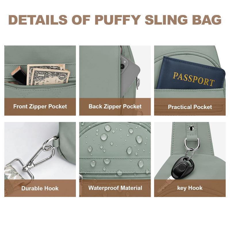 SYTRAH Sling Bag for Women, Anti-Theft RFID Crossbody Bag Nylon Sling Purse for Travel, Puffy Small backpack for Daily Hiking Sports Green