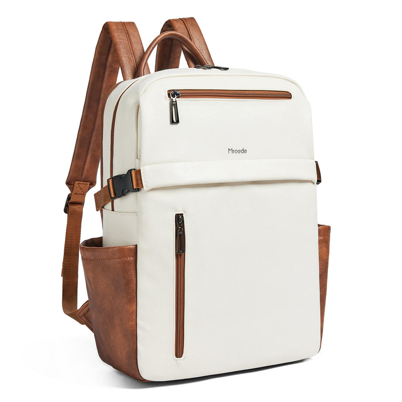 Mroede Leather Laptop Backpack for Women, 15.6 Inch Laptop Travel Backpack Purse Large Capacity Computer Bag, Casual Daypack Nurse Bag College Bookbag for School, Beige