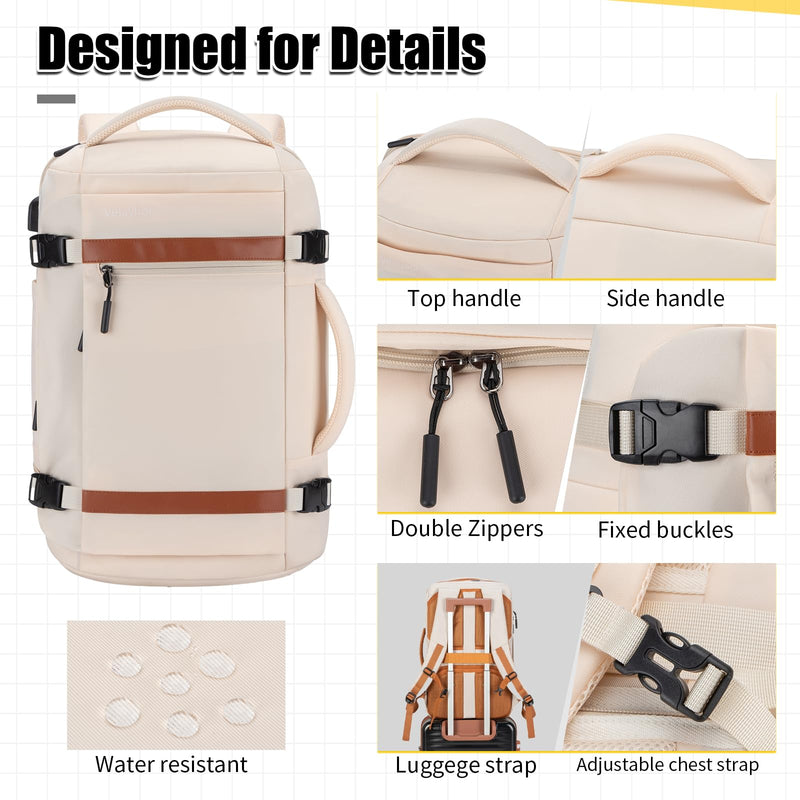 Velaybor 42L Travel Backpack with 4 Packing Cubes, TSA Friendly Flight Approved Carry-On Bag, Water-Resistant Business Backpack for Men Women, Fits 17.3" Laptop (Off-white)