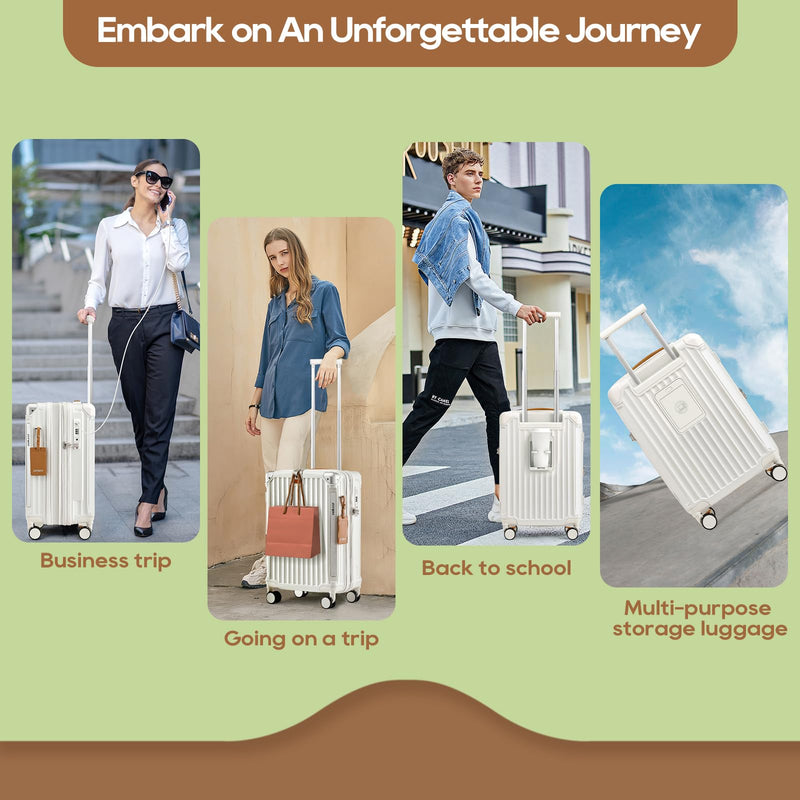 Joyway 20in Carry On Luggage with Cup Holder and USB Port, 25% Expandable Capacity, Smart Suitcase with Anti Slip Wheels and Handbag, Perfect for Men and Women 3 Piece Set White